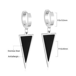 Paire symétrique de boucles d'oreilles triangulaires en acier argenté avec incrustation noire