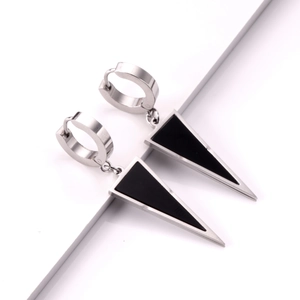 Boucles d'oreilles créoles triangle en acier inoxydable argenté avec incrustation noire