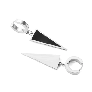 Détails des boucles d'oreilles triangles asymétriques argentées avec incrustation noire et acier