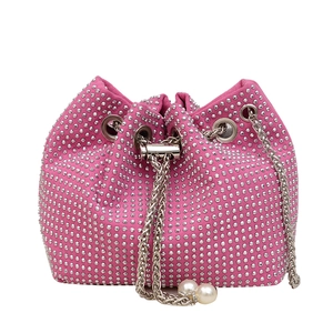 Sac seau rose fuchsia avec strass scintillants, chaîne argentée et perles