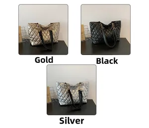Detailed comparison of gold, black and silver quilted tote bags with metallic finish