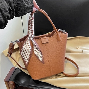 Vintage Litchi Pattern PU Leather Bucket Bag For Women Large Capacity Handbag With Silk Scarf Crossbody Shoulder Bag