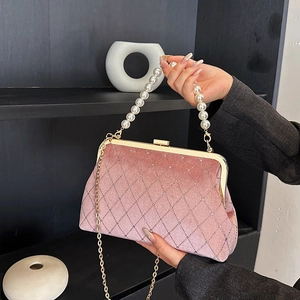 Velvet Evening Bag Rhinestone Diamond Lattice Artificial Pearl Handle Vintage Banquet Party Handbag Crossbody With Gold Chain Clasp