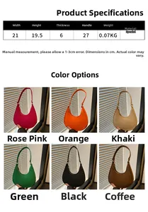 Size guide for crescent underarm bag with detailed dimensions and multiple color options