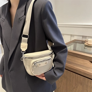 Chic off-white crocodile embossed leather waist bag with silver rivets and wide strap