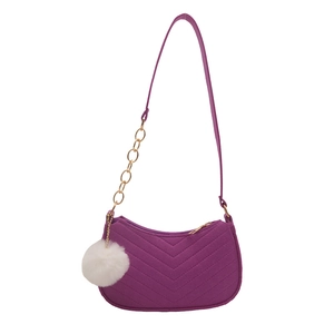Fashionable burgundy V-quilted shoulder bag with gold chain strap and white pompom charm