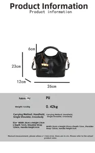 Detailed size specifications for the black PU leather handbag with gold charm accessories