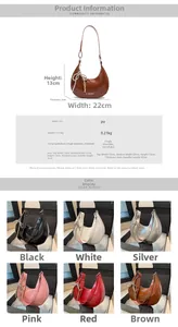 Size chart showing PU leather crescent bag dimensions with beaded bow details