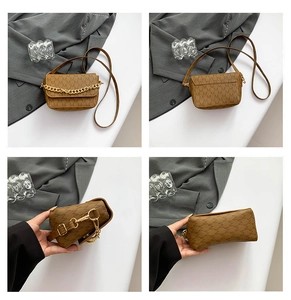 Detailed four-way view of brown monogrammed crossbody bag with golden chain decoration