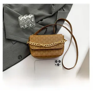 Macro view of brown monogram crossbody bag with gold chain showing size relative to phone