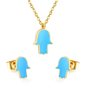 Parure bijoux dorés avec pendentif Main de Fatima en émail bleu et boucles d'oreilles