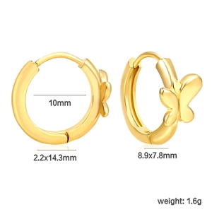 Detailed dimensions of gold butterfly hoop earrings with 10mm inner diameter and 1.6g weight