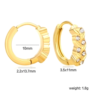 Detail view of gold skull hoop earrings with zircons showing 10mm inner diameter and size specs