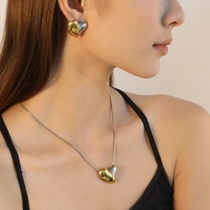 Chunky Heart Jewelry Necklace And Stud Earrings Stainless Steel Polished Contrast Color Snake Bone Chain Women Statement