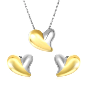 Polished two-tone heart necklace and earrings set in minimalist stainless steel design