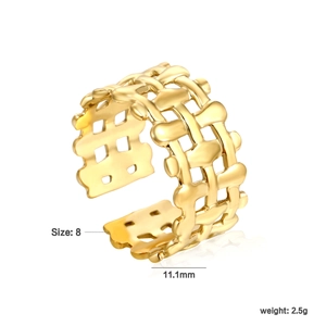 Detail view of 11.1mm wide hollow geometric woven 18K gold plated stainless steel ring