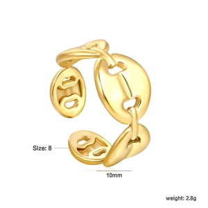 Detailed specs of gold pig nose open ring featuring 10mm width and 2.8g weight