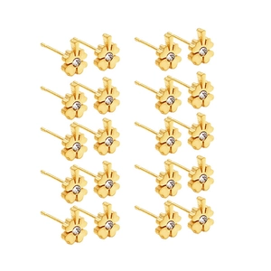 Detailed set of ten pairs of gold clover stud earrings with sparkling crystal centers