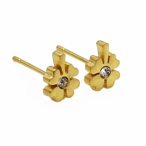 Elegant gold stainless steel clover stud earrings featuring a central sparkling zircon