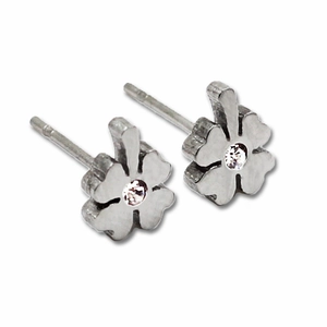 Detailed view of stainless steel clover stud earrings with sparkling white cubic zirconia