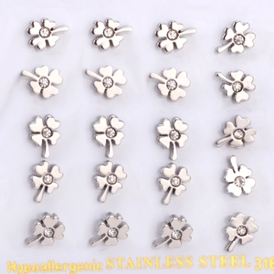 Set of 20 minimalist 316L stainless steel clover stud earrings with sparkling crystals