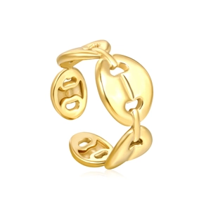 Polished golden stainless steel open ring featuring a coffee bean chain link design