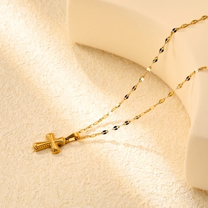 18k gold plated stainless steel cross necklace with textured pendant and flat link chain