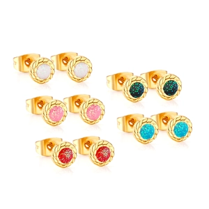 5-pair set of round glitter earrings with twisted gold-plated stainless steel borders