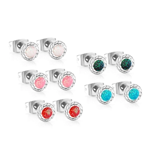 Detailed set of 5 pairs of colorful glitter stud earrings with twisted rope silver border