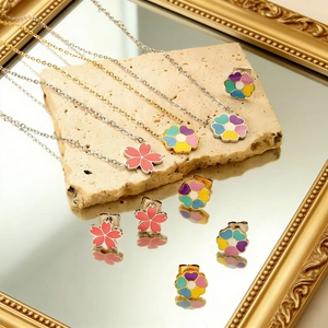 Gioielli In Acciaio Inossidabile Fiore Di Ciliegio Pendente Collana Orecchini Smalto Colorato Dolce Regalo Per Donne Ragazze