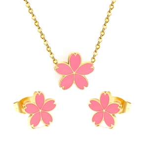Set gioielli con collana e orecchini a forma di fiore di ciliegio rosa in oro lucido