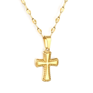 Gold stainless steel cross necklace with textured edges on flat link leaf chain