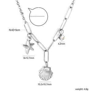 Détails des pendentifs étoile de mer et coquillage sur collier chaîne avec dimensions
