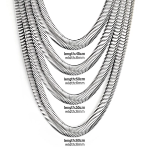 Sleek 6mm flat snake chain necklace in stainless steel available in multiple lengths