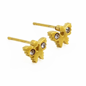 Close-up of golden butterfly stud earrings featuring sparkling crystal rhinestones