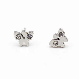Polished silver butterfly stud earrings with sparkling cubic zirconia stones on white background