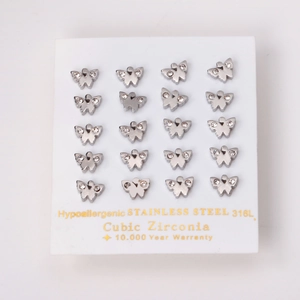 Set of 10 pairs of 316L stainless steel butterfly stud earrings with cubic zirconia