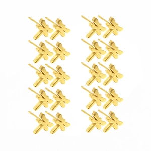 Detailed view of ten pairs of gold dragonfly stud earrings arranged in a clean matrix layout