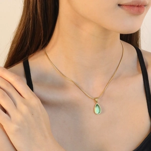Elegant 18K gold plated stainless steel necklace with green teardrop pendant for women
