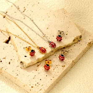 Ladybug Necklace And Stud Earrings Jewelry Stainless Steel Red Black Enamel Animal Theme Cute Dainty Accessory For Women