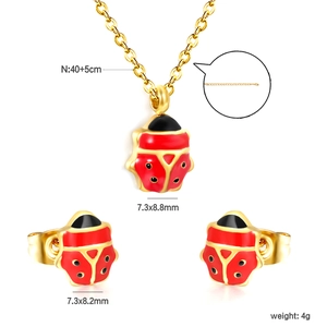 Enamel ladybug jewelry set in gold stainless steel with necklace and stud earrings