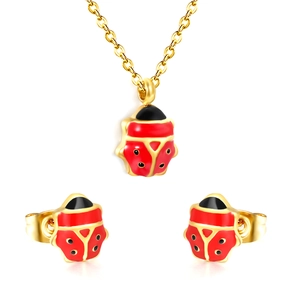 Golden stainless steel ladybug jewelry set with red enamel necklace and matching stud earrings