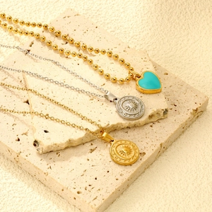 Collier Pendentif Cœur Soleil Lune En Acier Inoxydable Pour Femmes Émail Bleu Boussole Chaîne Perlée Bijoux Rétro