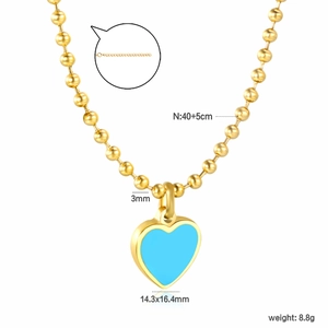 Détail du collier à billes en or 18 carats avec cœur en émail bleu et dimensions