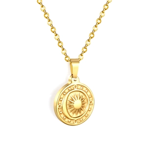 Collier en acier inoxydable doré avec pendentif boussole soleil et lune style vintage