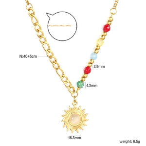 Detail showing dimensions of sun pendant necklace with colorful beads and gold chain
