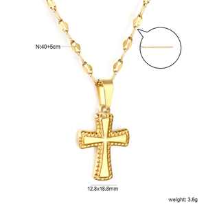Detailed specs of gold cross necklace with 40+5cm chain and 12.8x18.8mm pendant size