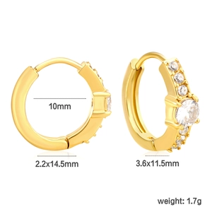 Detail view of gold-plated zircon hoop earrings with dimensions and weight specs