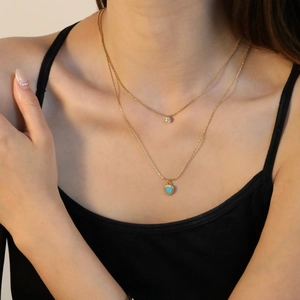 Collier double rang en acier inoxydable doré 18K avec pendentif cœur bleu et zircon