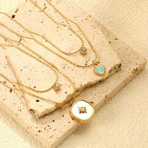 Collier Double Rang Plaqué Or 18K Acier Inoxydable Pendentif Cœur Carré Étoile Zircon Bijoux Fins Pour Femmes